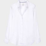 White hidden placket boyfriend linen shirt on a light gray background