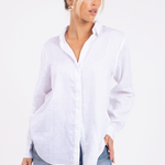 Model wearing Hut Clothing White Hidden Placket Boyfriend Linen Shirt with denim jeans 