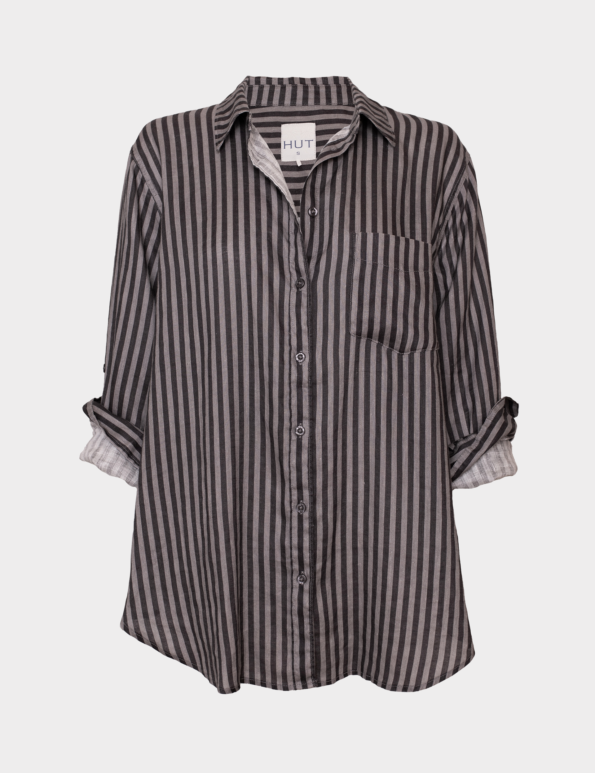 Hut Grey and Grey Striped shirt with rolled-up sleeves on a light gray background