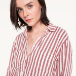 Hut Rhubarb Stripe Boyfriend Linen Shirt featuring two chest pockets 