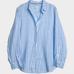 Hut Clothing Blue and white striped boyfriend linen shirt on a light gray background