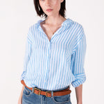 Model wearing Hut Sky Blue Stripe Boyfriend Linen Shirt with no chest pockets 
