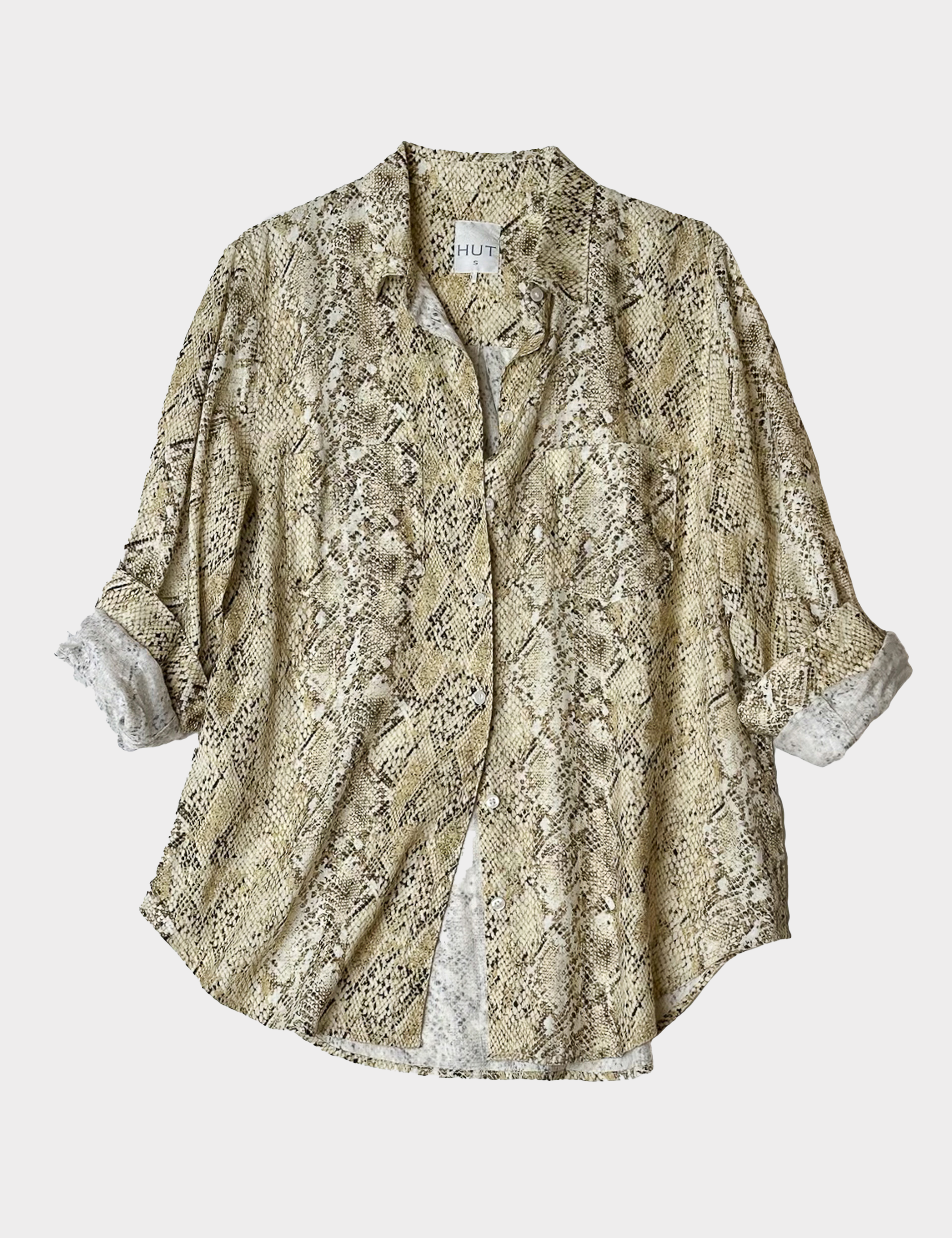 Hut Snake Skin Print Boyfriend Linen Shirt on a white background