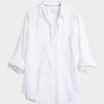 Hut White Oversized linen boyfriend shirt on a light gray background made from organic Belgian Linen with one chest pocket