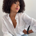 Model wearing Hut White One Pocket Boyfriend Linen Shirt