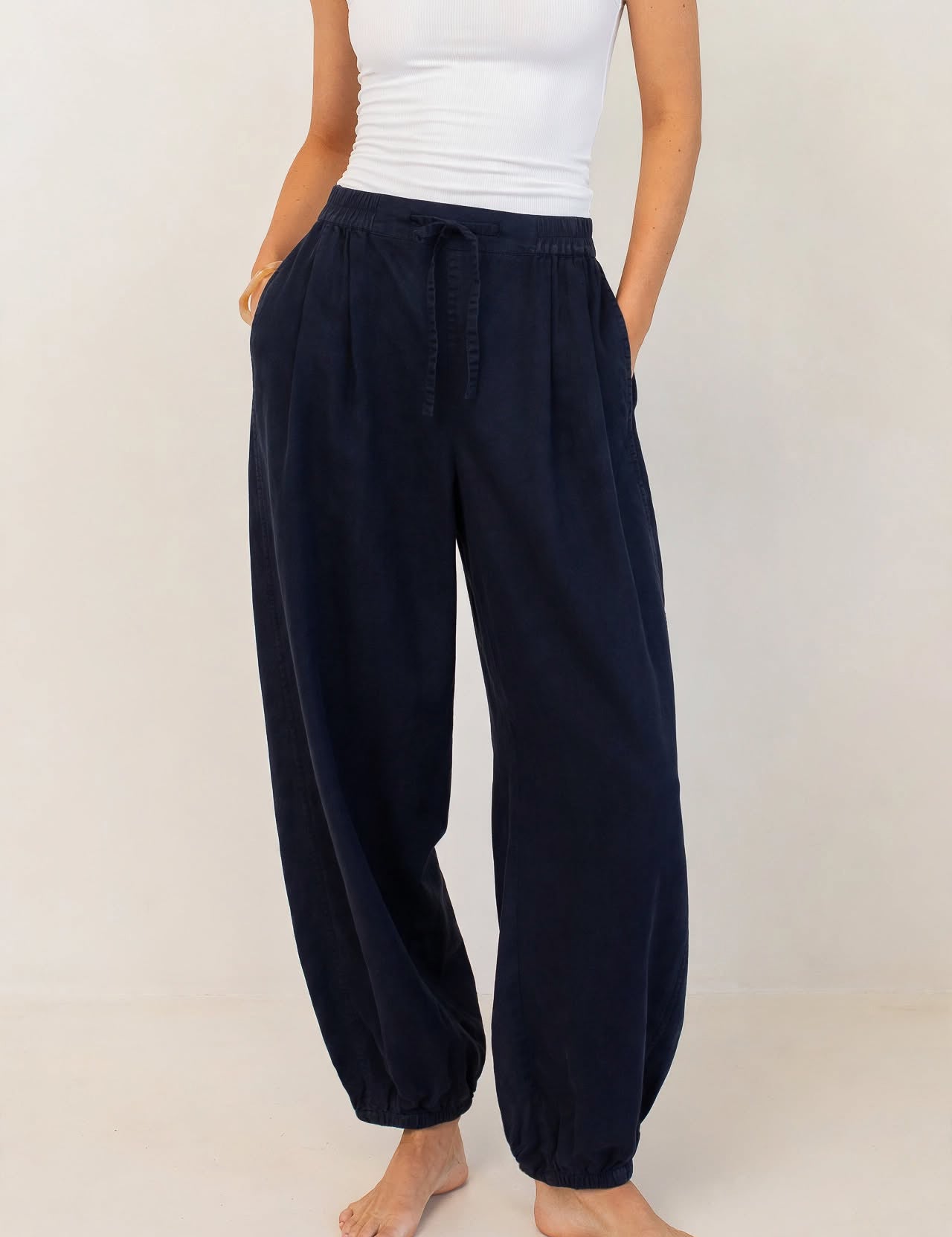 Navy Cotton Barrel Leg Pant