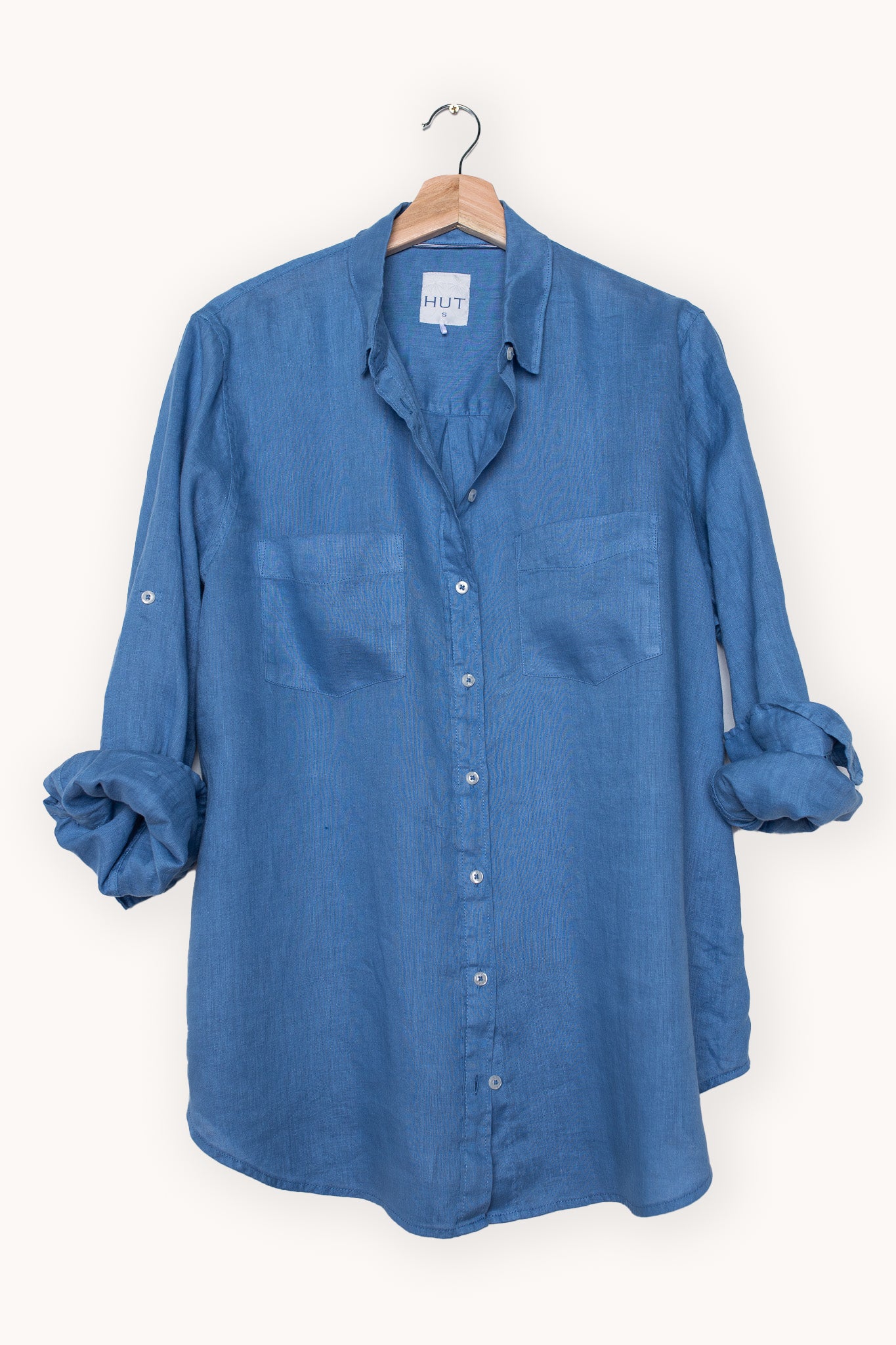Hanging photo of Hut Periwinkle Boyfriend Linen Shirt